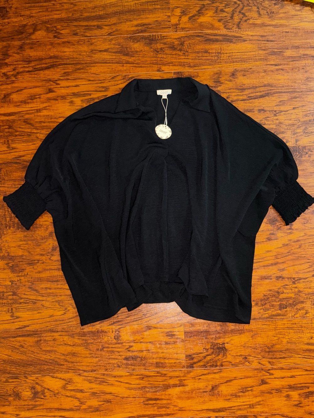 Oddi NWT Smocked Cuff Blouse Black Draped Collared Flowy Oversized Tunic Top